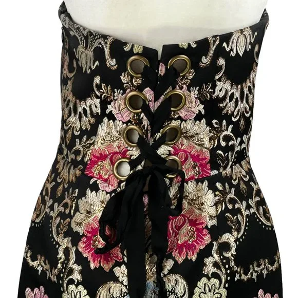 Nicole Miller Collection Black Gold Baroque Print Strapless Corset Dress - Picture 9 of 14